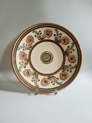 Duża patera ceramiczna z Łysej Góry 32,5 cm - roślinny motyw ze ślimakiem, vintage