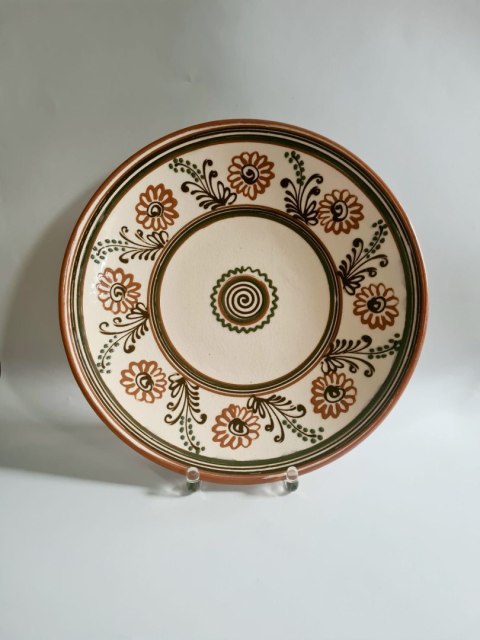 Duża patera ceramiczna z Łysej Góry 32,5 cm - roślinny motyw ze ślimakiem, vintage