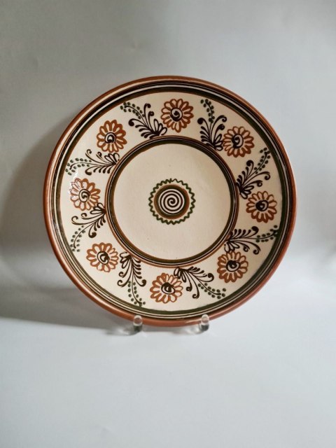 Duża patera ceramiczna z Łysej Góry 32,5 cm - roślinny motyw ze ślimakiem, vintage
