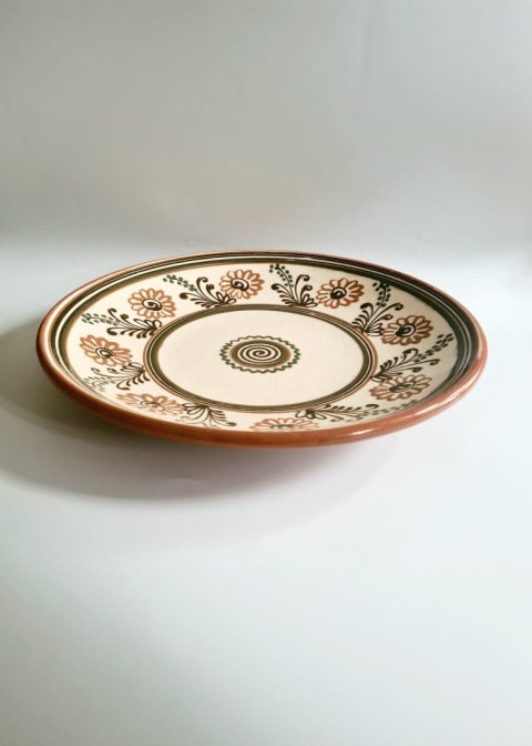 Duża patera ceramiczna z Łysej Góry 32,5 cm - roślinny motyw ze ślimakiem, vintage