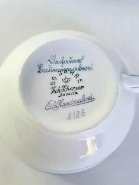 ZehScherzer Bavaria lata 30 filiżanka trio śniadaniowe ręcznie malowa