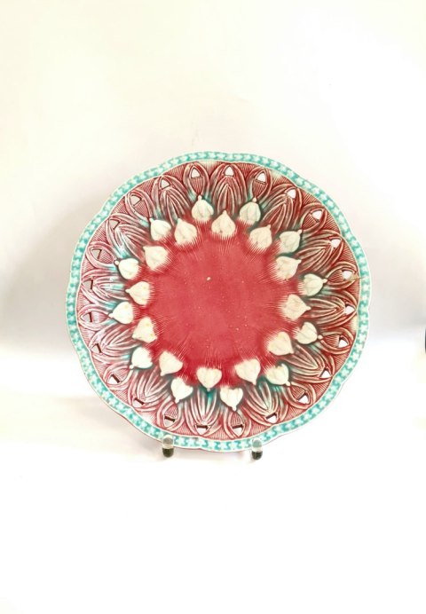 Patera ceramika róż i turkus 30 cm majolika secesja Villeroy and Boch