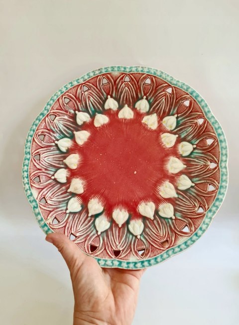 Patera ceramika róż i turkus 30 cm majolika secesja Villeroy and Boch