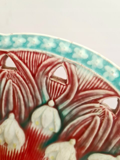 Patera ceramika róż i turkus 30 cm majolika secesja Villeroy and Boch