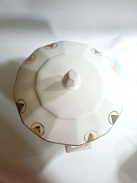 Waza kuchenna art-deco Saint Ghislain Belgia, złocenia 24 cm; elegancka