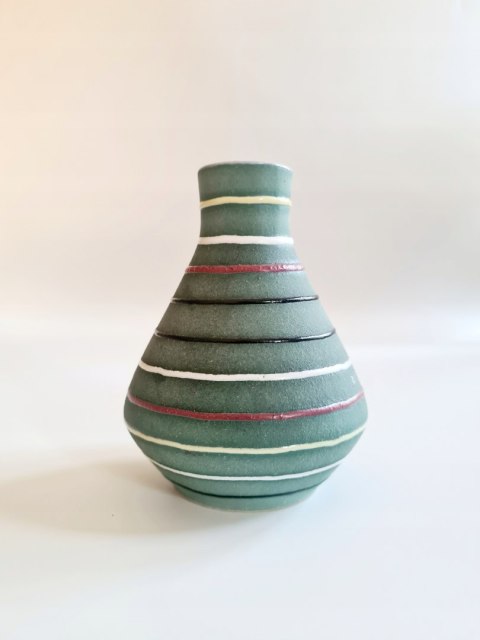 Wazon w paski ceramika East Germany 10,5 cm, VEB Haldensleben pikasiak