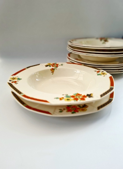 Zestaw talerzy Alfred Meakin angielskie art deco 1937 Princess Shape Marigold